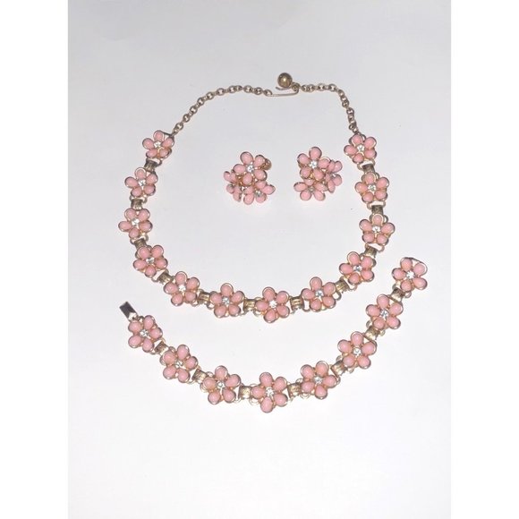 Unknown Jewelry - Bracelet Necklace Earrings Vintage Costume Jewelry Set Pink Flowers Rhinestones